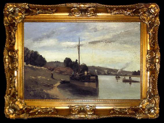 framed  Camille Pissarro Barge on the Seine Peniche sur la Seine, ta009-2